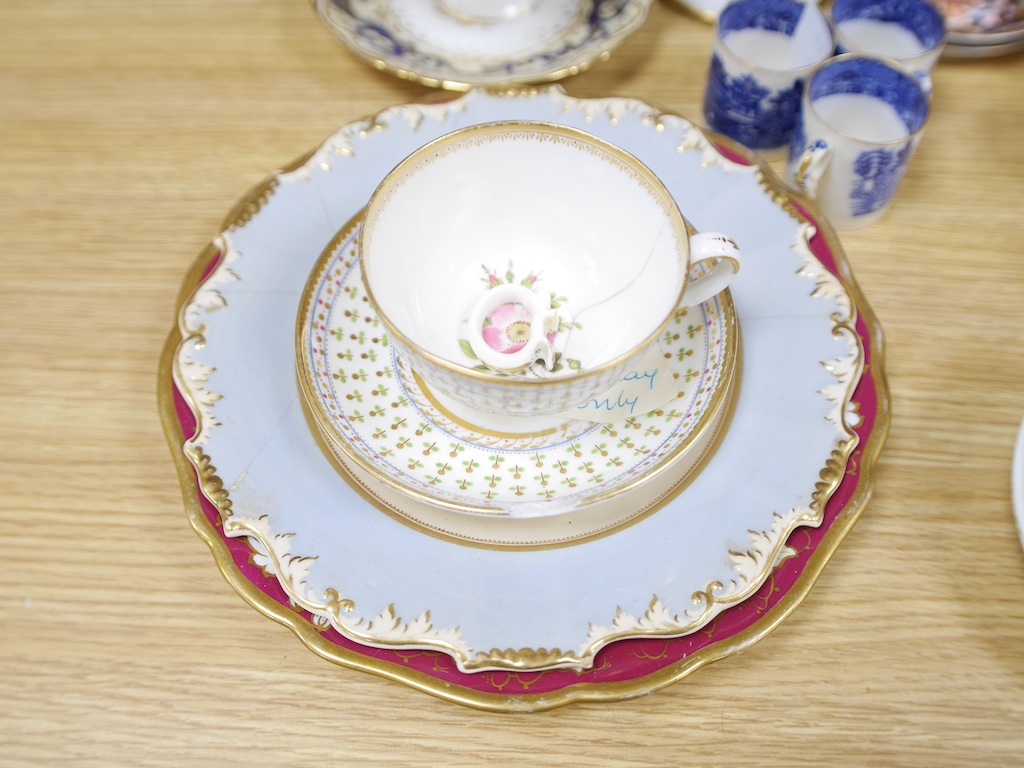 An English part teaset, c.1825 and six Royal Crown Derby coffee cans and saucers etc. Condition - some items cracked chipped and losses to gilding, teapot cover finial broken